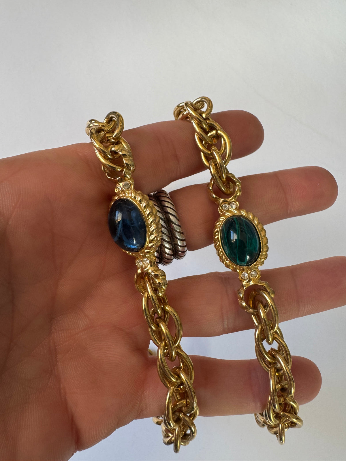 Vintage Mogul Glass Cabochon Gold Tone Statement Chain Necklace