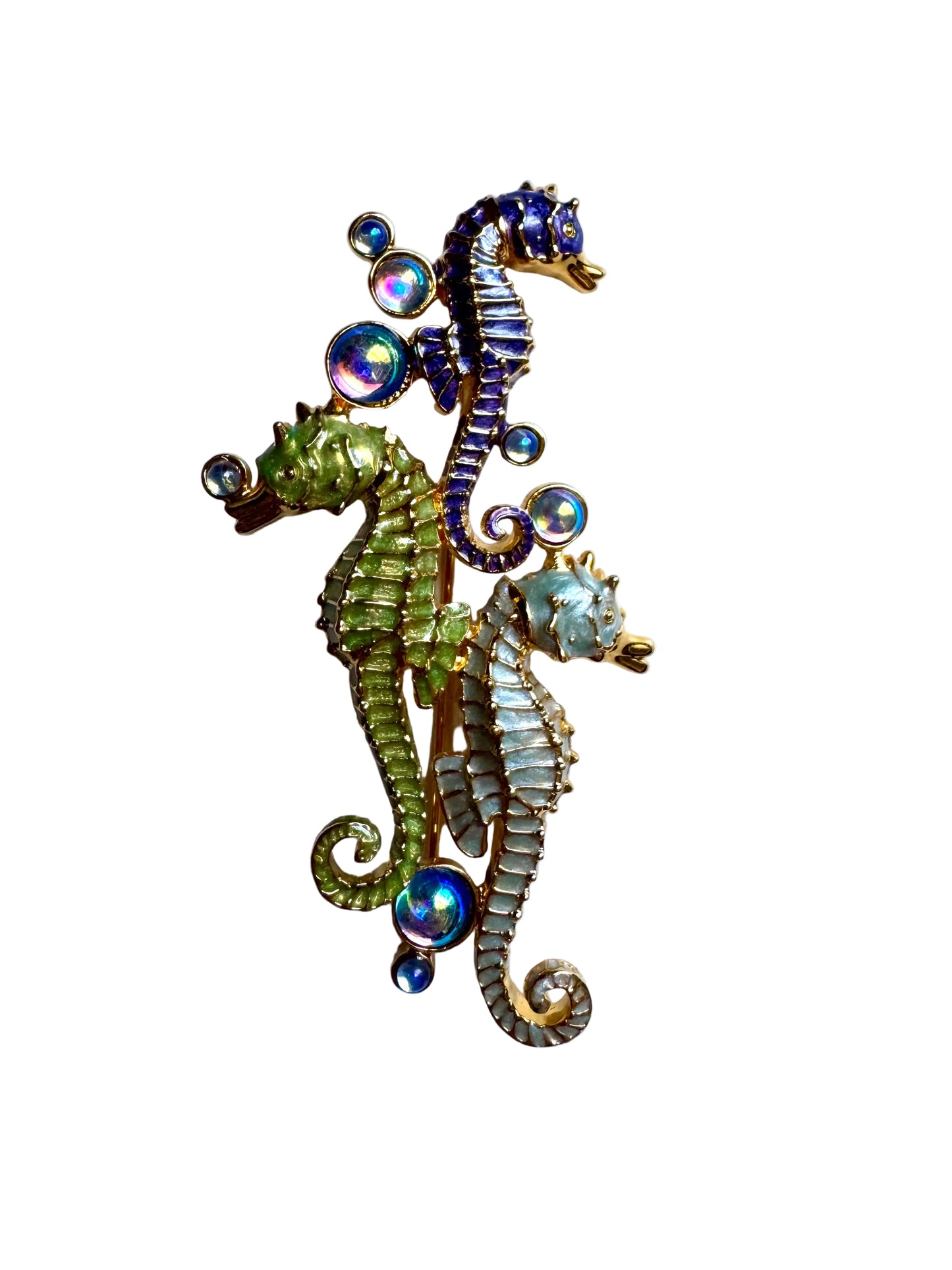 Vintage Rare Signed Bob Mackie Triple Seahorse Enamel Brooch with Iridescent Bubble Cabochons