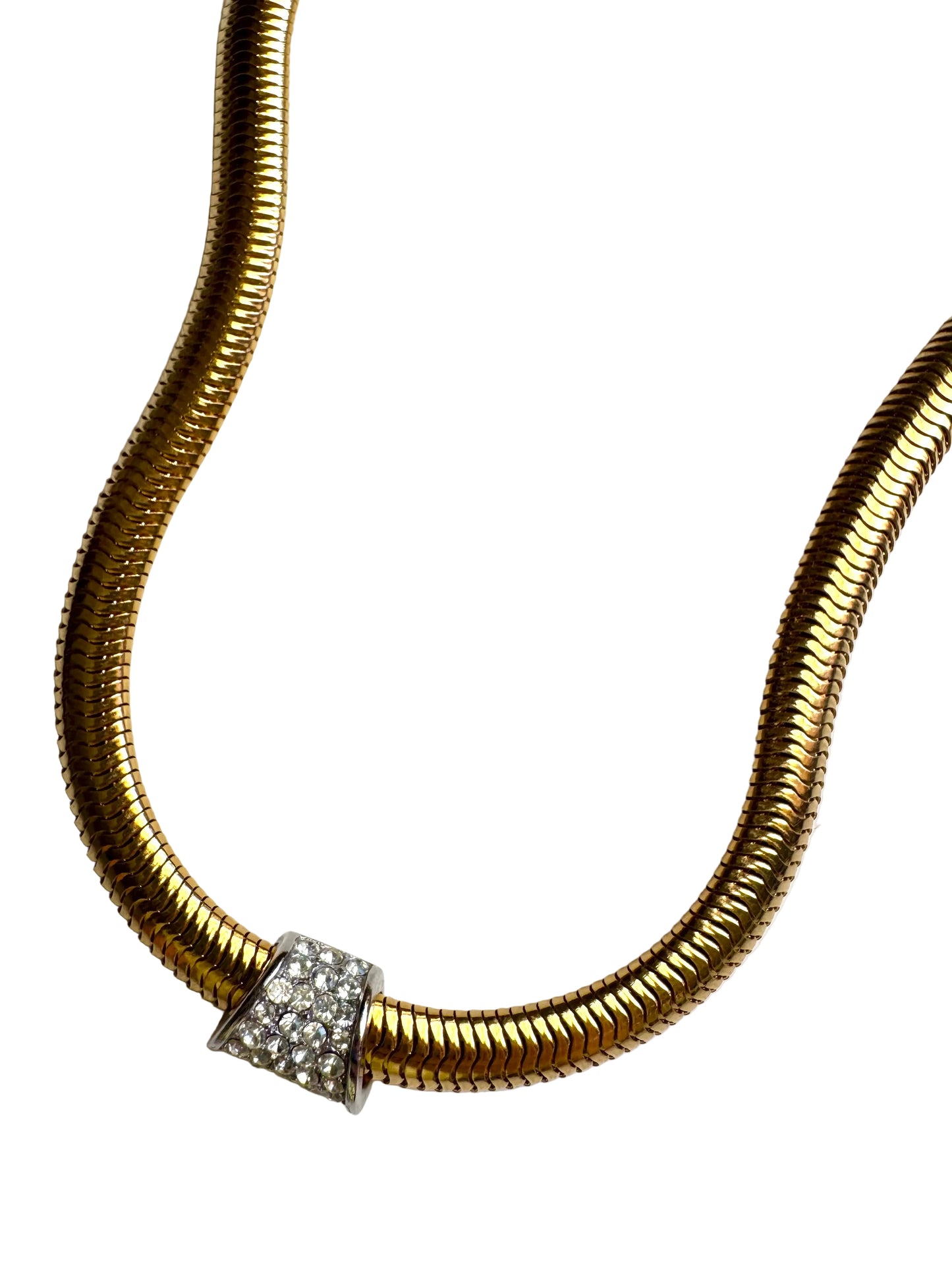 Vintage Crown Trifari Gold Tone Snake Chain Necklace with Rhinestone Centerpiece
