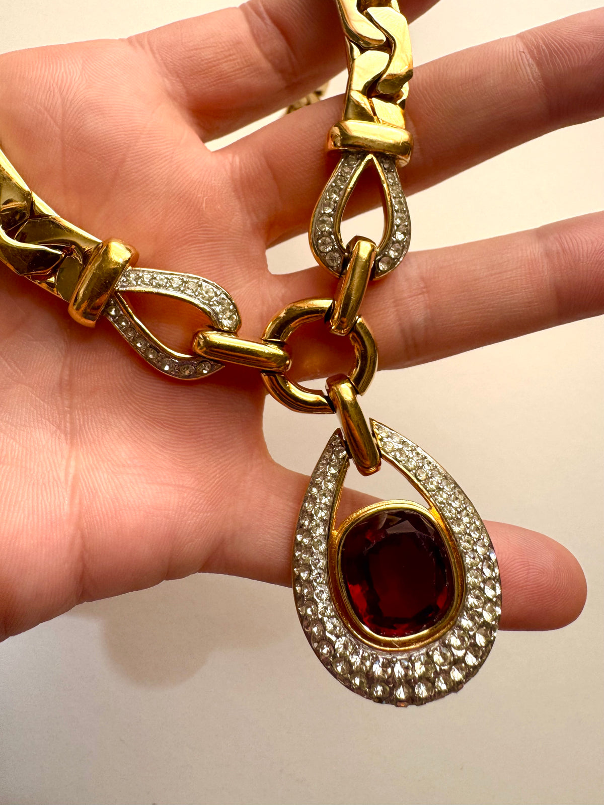 Vintage Ciner Gold Tone Red Glass & Rhinestone Statement Necklace