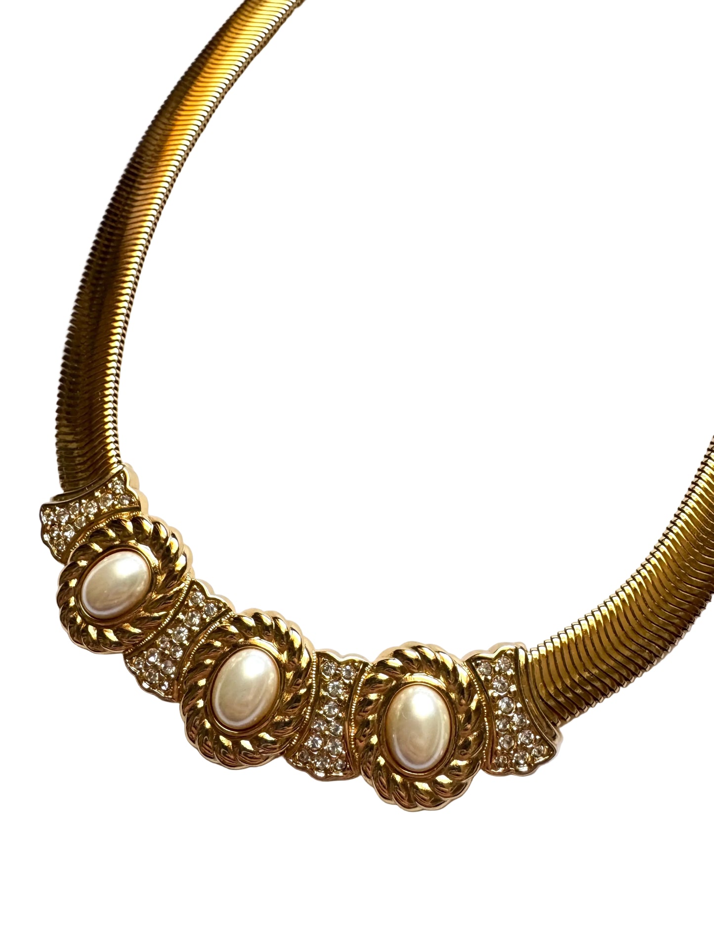 Vintage Christian Dior Signed Gold Tone Snake Chain Faux Pearl Statement Necklace