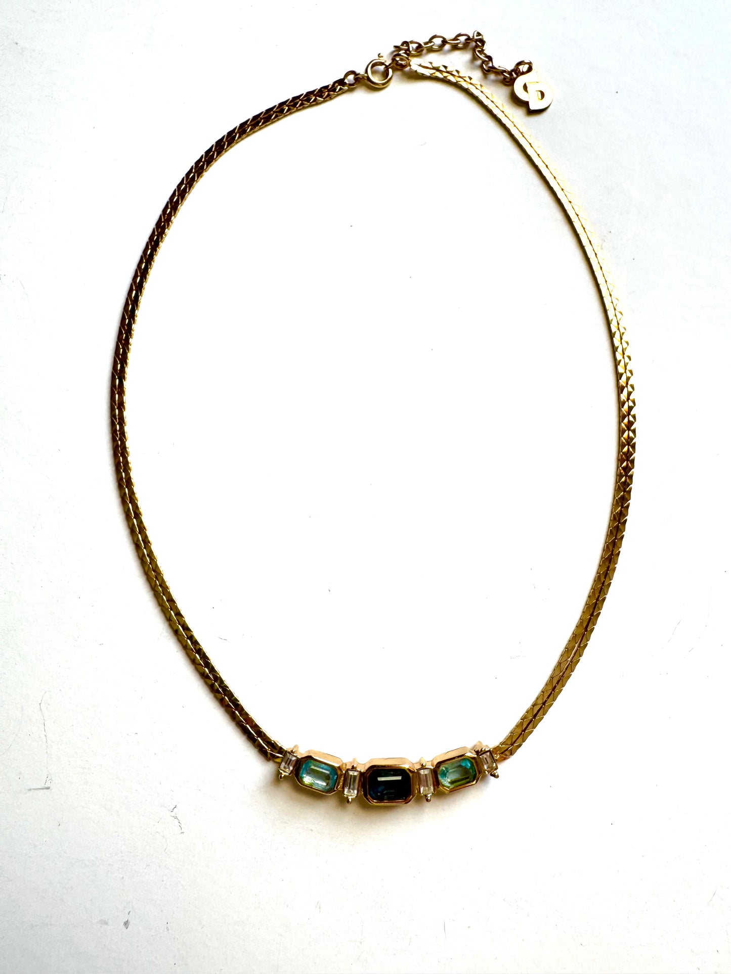 Vintage Christian Dior Blue Crystal Double Chain Herringbone Necklace