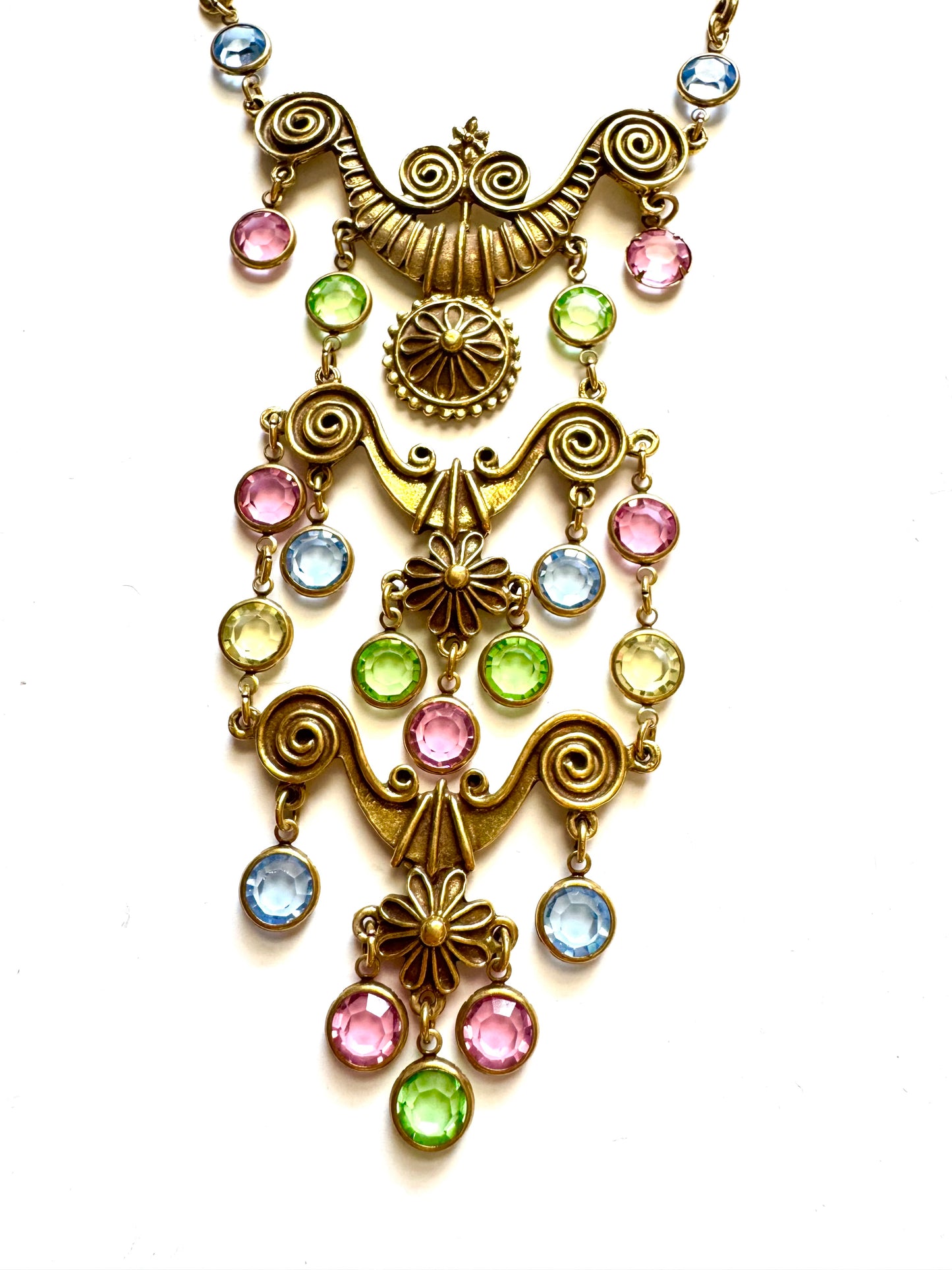 Vintage Victorian Revival Pastel Crystal Bib Necklace in Gold Tone