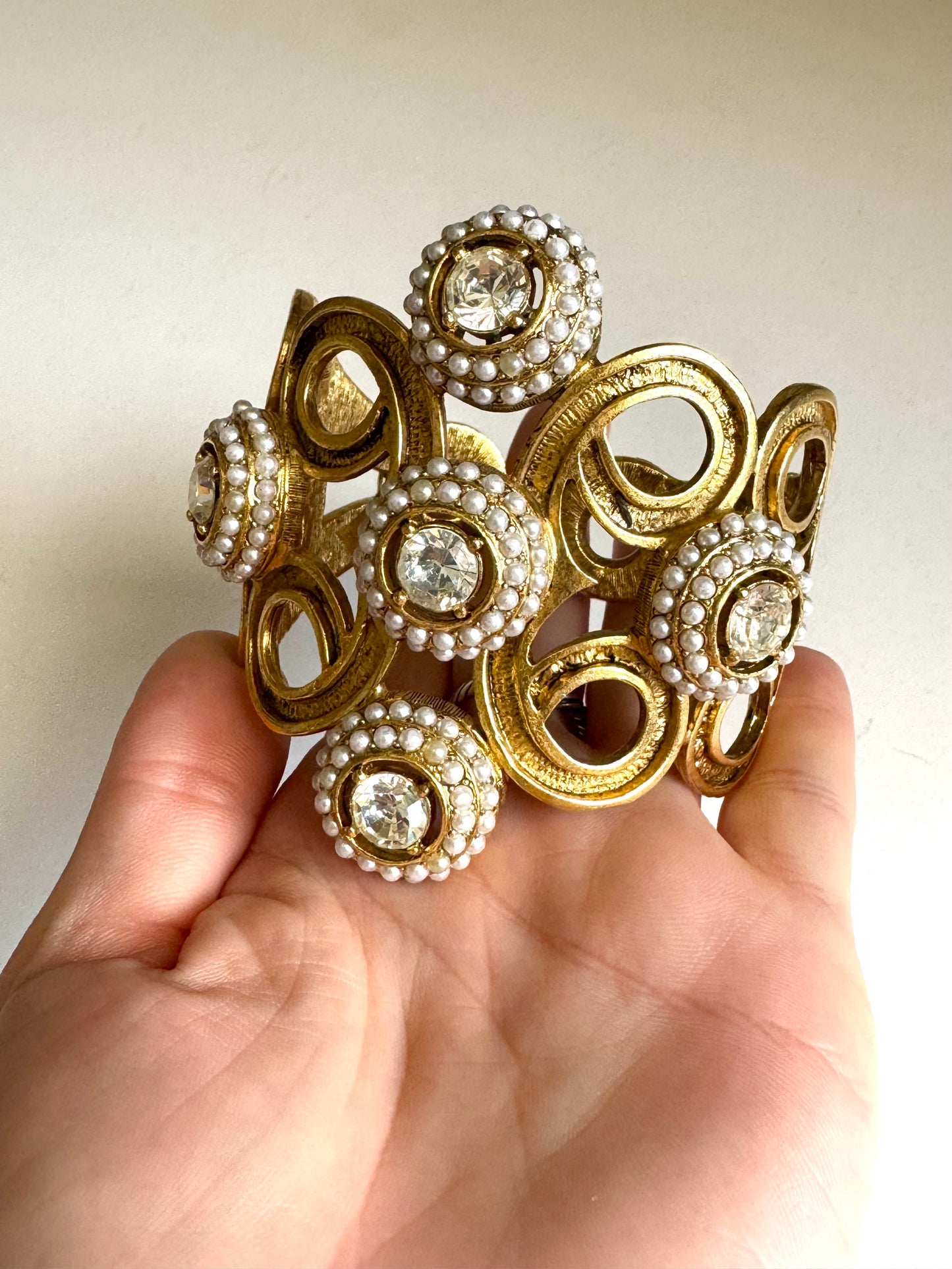 Vintage Faux Pearl & Crystal Statement Hinged Cuff Bracelet