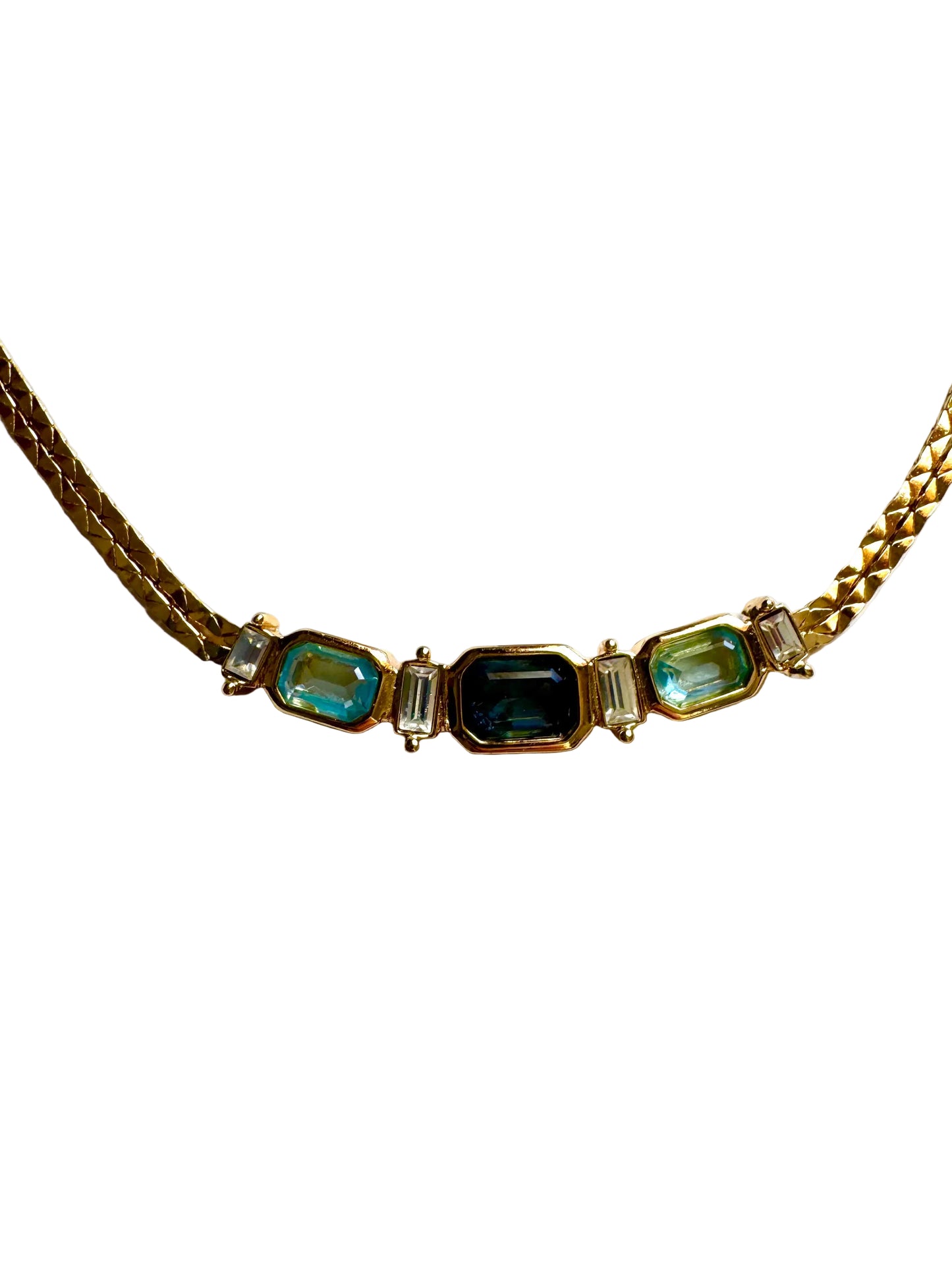 Vintage Christian Dior Blue Crystal Double Chain Herringbone Necklace