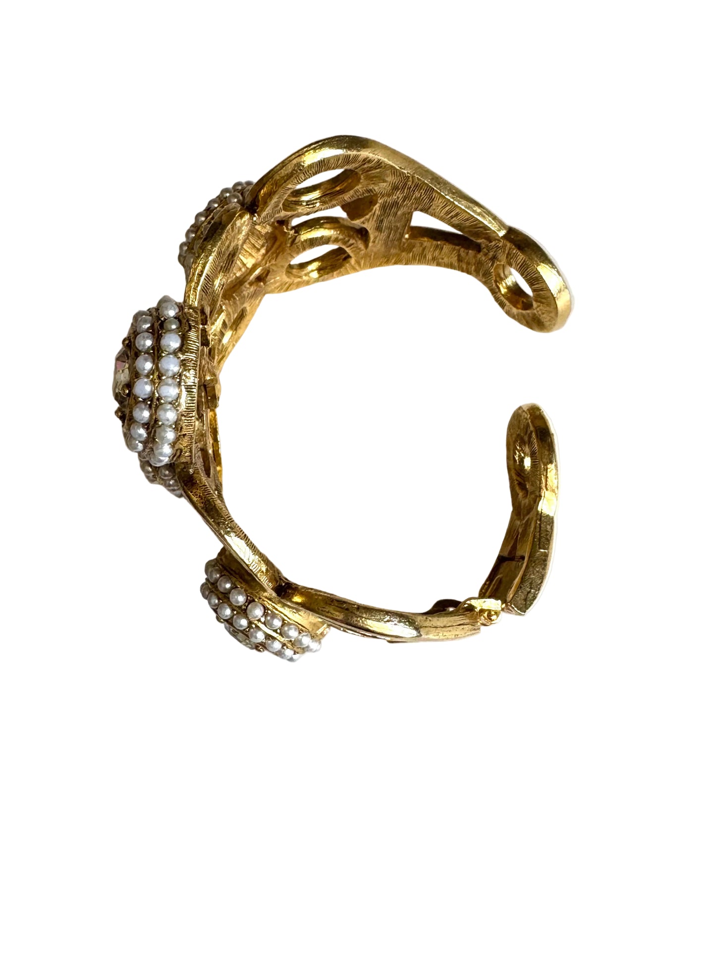 Vintage Faux Pearl & Crystal Statement Hinged Cuff Bracelet
