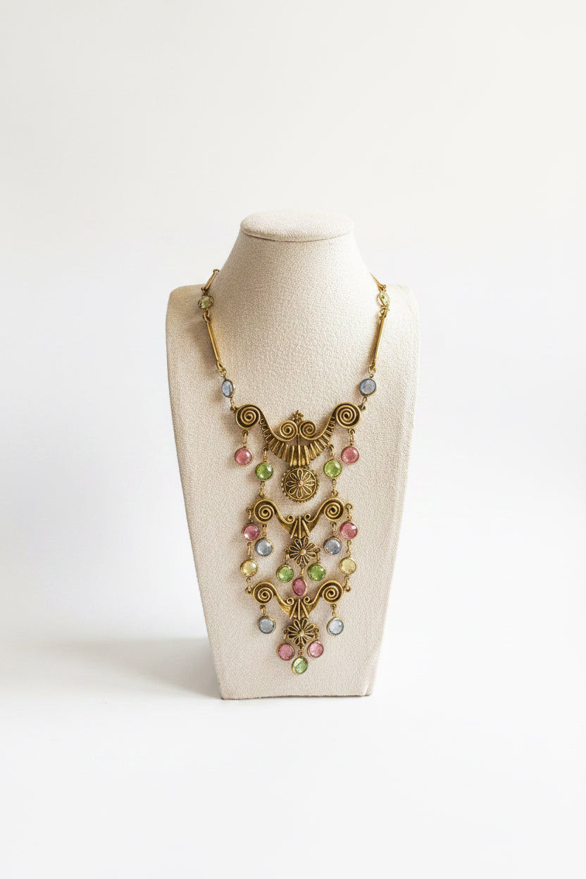 Vintage Victorian Revival Pastel Crystal Bib Necklace in Gold Tone