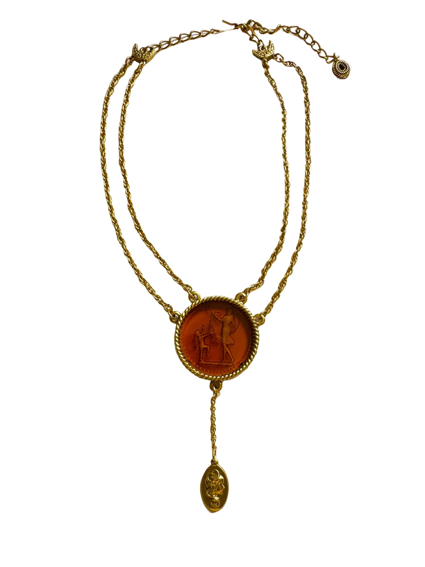 Vintage Amber Color Intaglio Neoclassic Medallion Double Chain Necklace