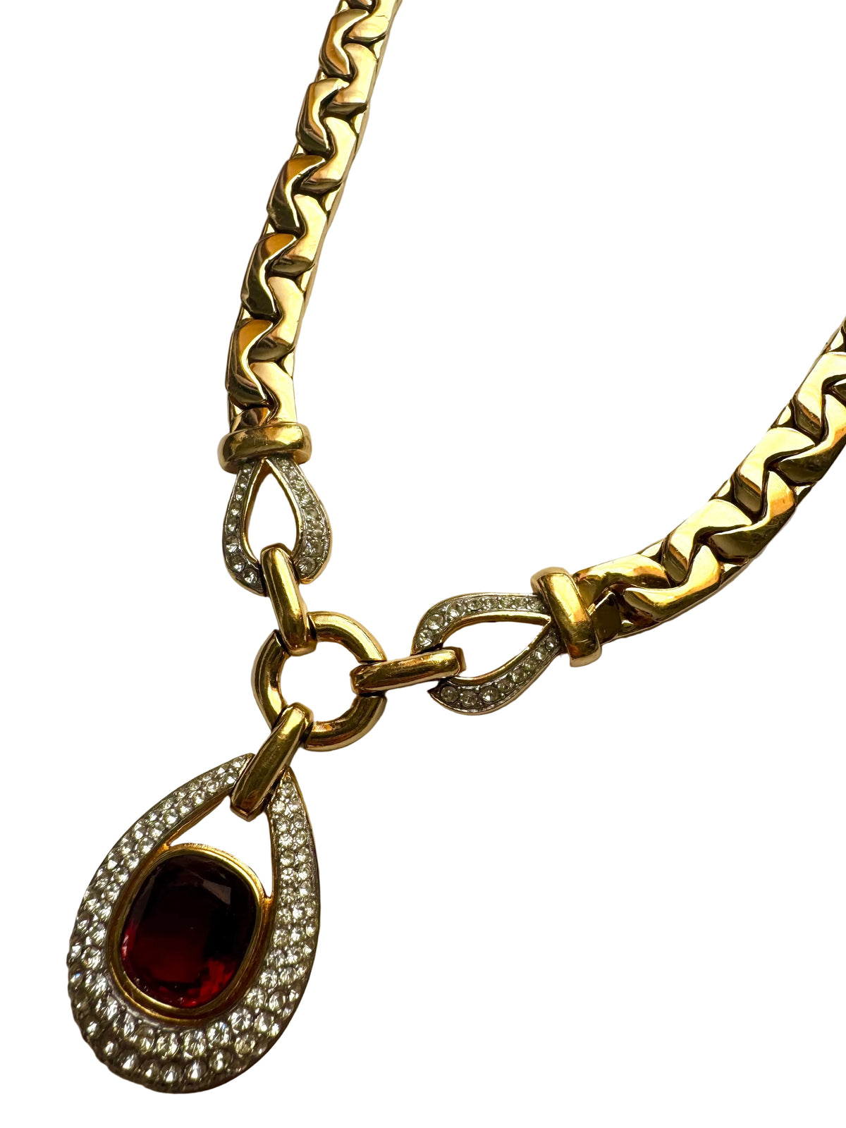 Vintage Ciner Gold Tone Red Glass & Rhinestone Statement Necklace