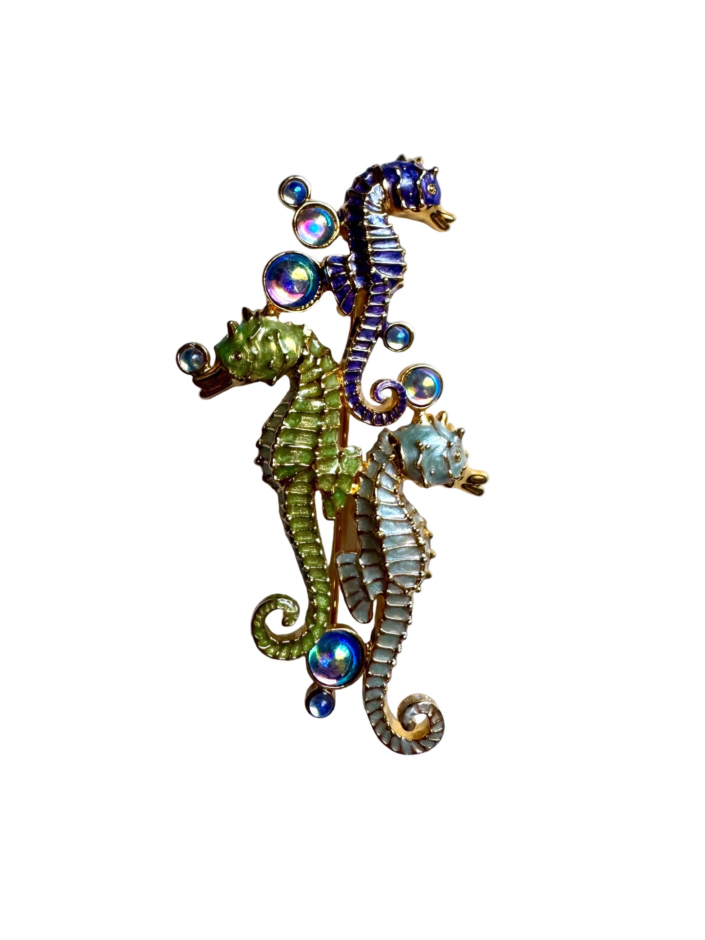 Vintage Rare Signed Bob Mackie Triple Seahorse Enamel Brooch with Iridescent Bubble Cabochons