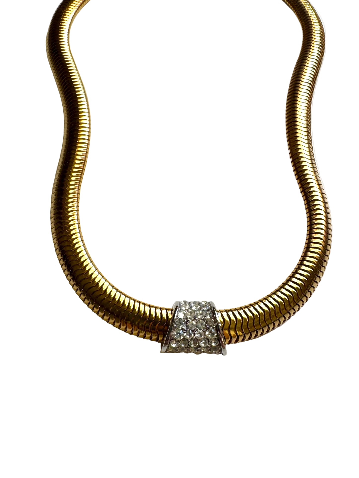 Vintage Crown Trifari Gold Tone Snake Chain Necklace with Rhinestone Centerpiece