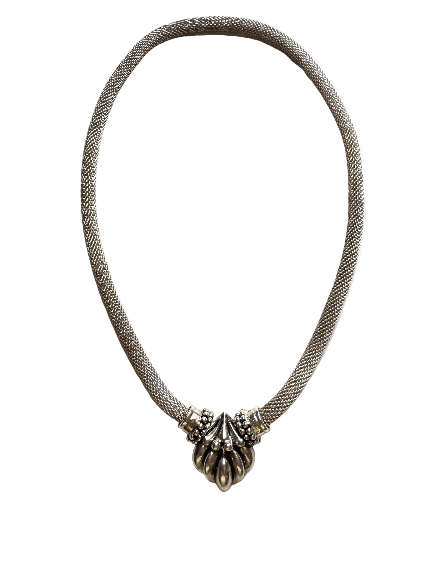 Vintage ESPO Sig 925 Sterling Silver Mesh Omega Choker Necklace with Sculptural Locket Pendant