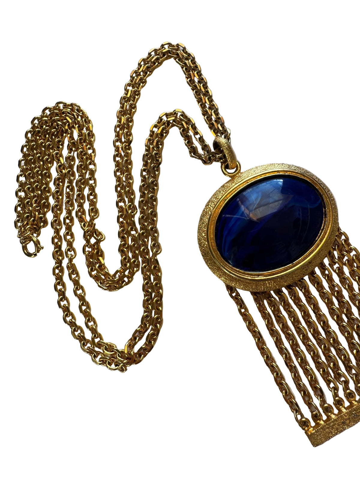 Vintage Cobalt Blue Lucite Style Cabochon Gold Tone Fringe Pendant Necklace