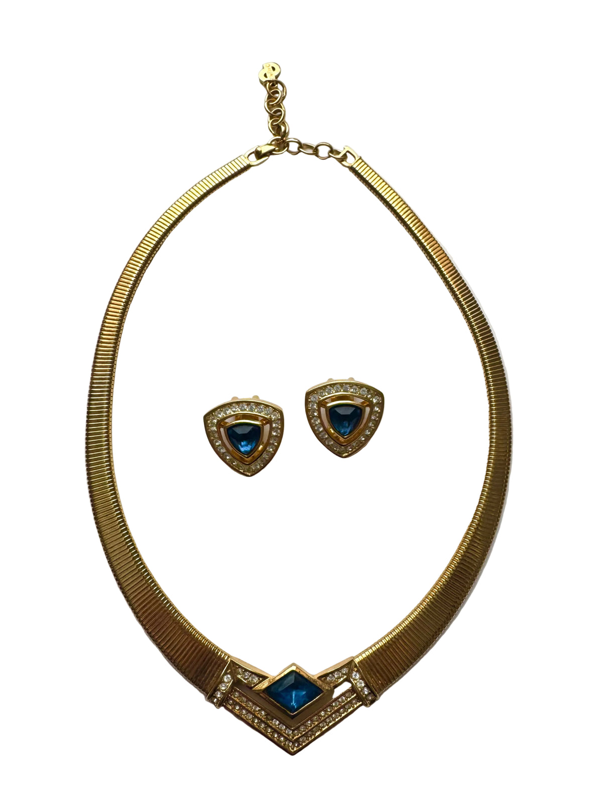 Vintage Christian Dior Blue Crystal Gold Tone Necklace & Earrings Set