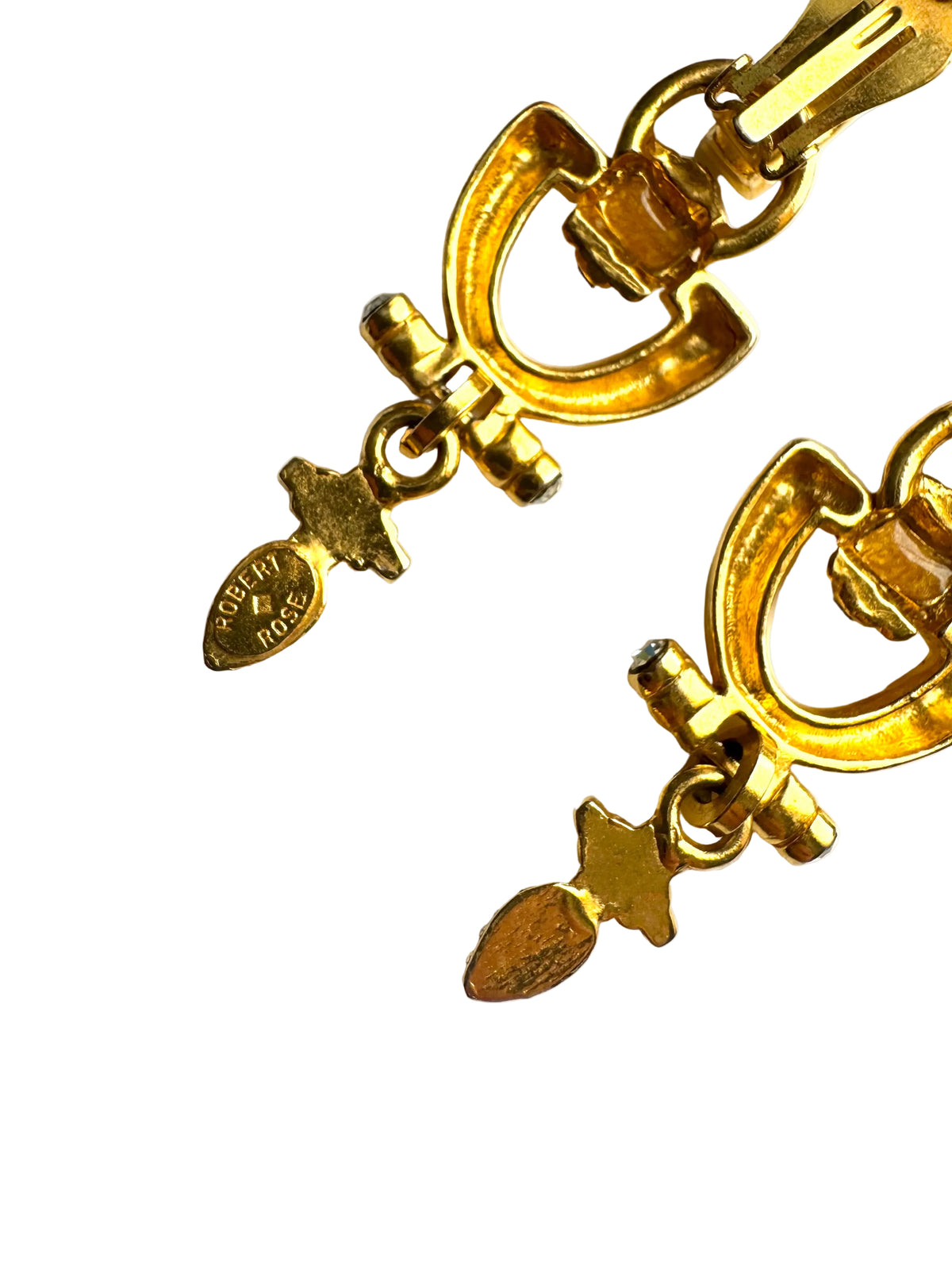 Vintage Robert Rose Gold Tone Baguette Rhinestone Geometric Drop Clip-On Earrings