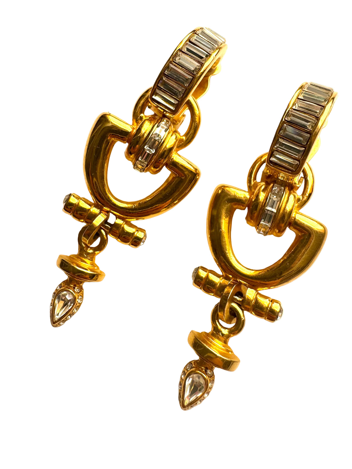 Vintage Robert Rose Gold Tone Baguette Rhinestone Geometric Drop Clip-On Earrings
