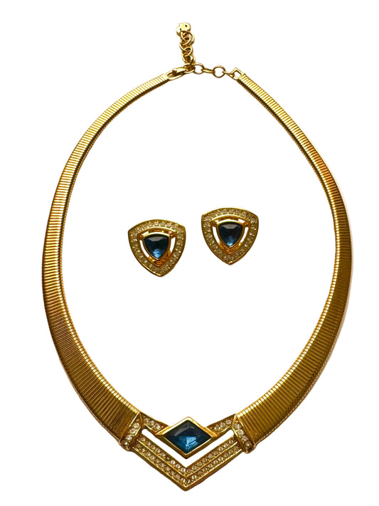 Vintage Christian Dior Blue Crystal Gold Tone Necklace & Earrings Set