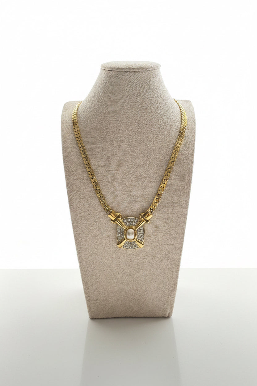 Vintage Faux Pearl & Rhinestone Statement Necklace