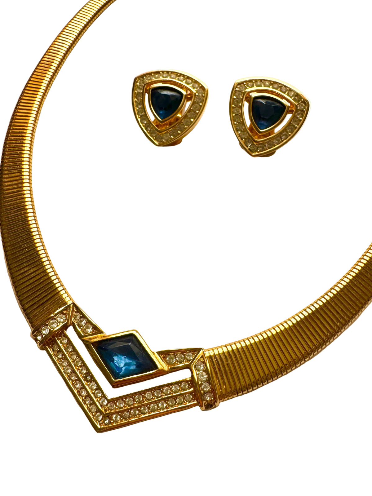 Vintage Christian Dior Blue Crystal Gold Tone Necklace & Earrings Set