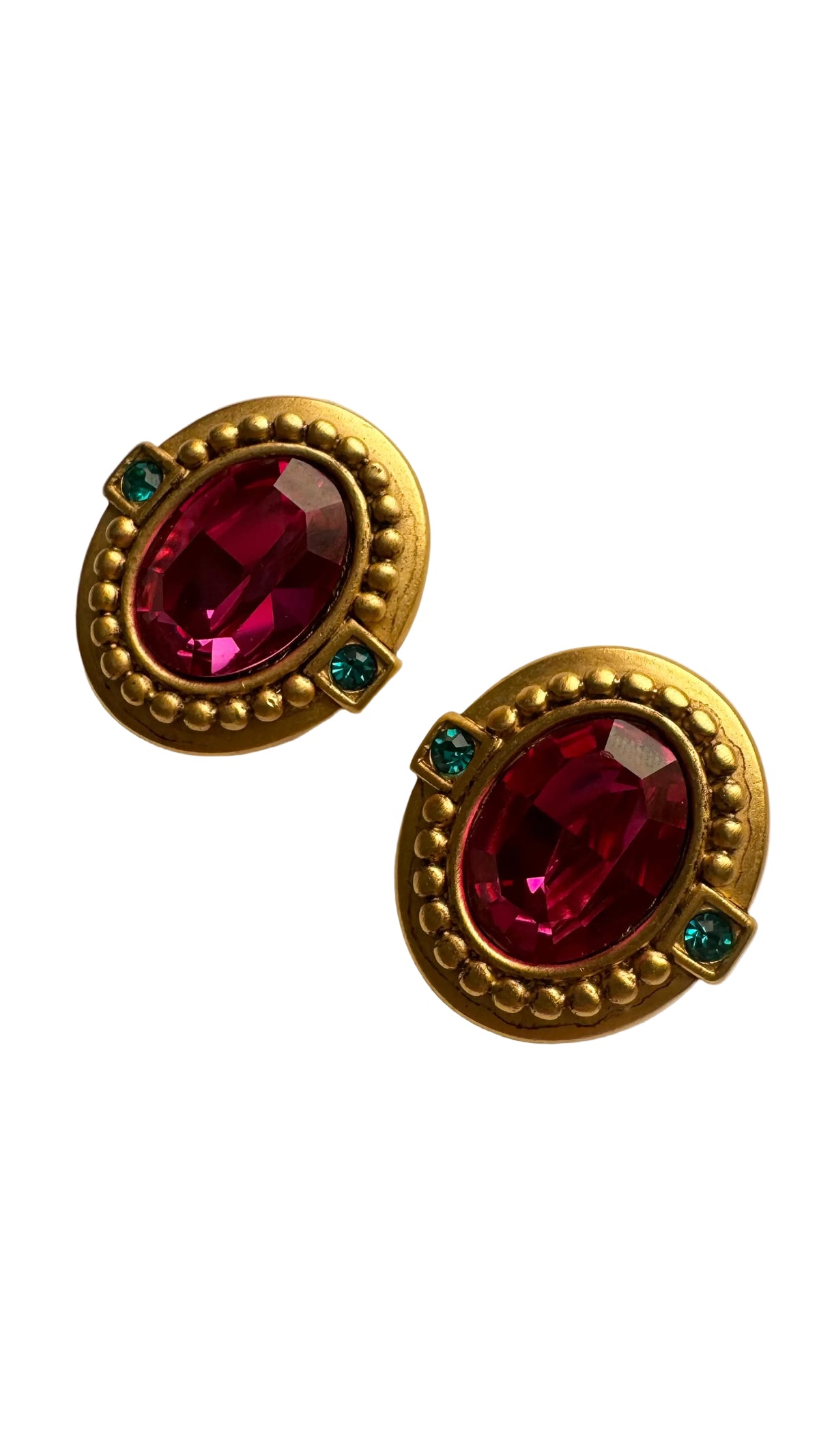Vintage Oscar de la Renta Fuchsia Crystal Gold Tone Statement Clip-On Earrings