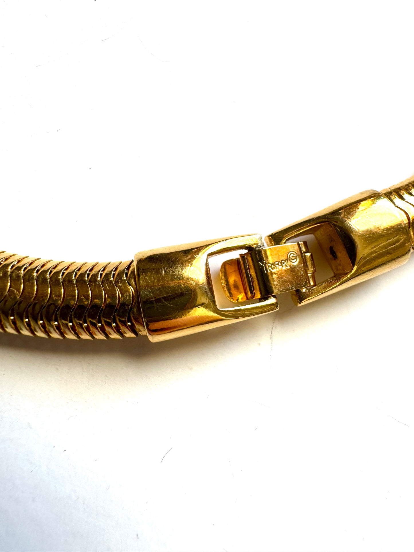 Vintage Crown Trifari Gold Tone Snake Chain Necklace with Rhinestone Centerpiece