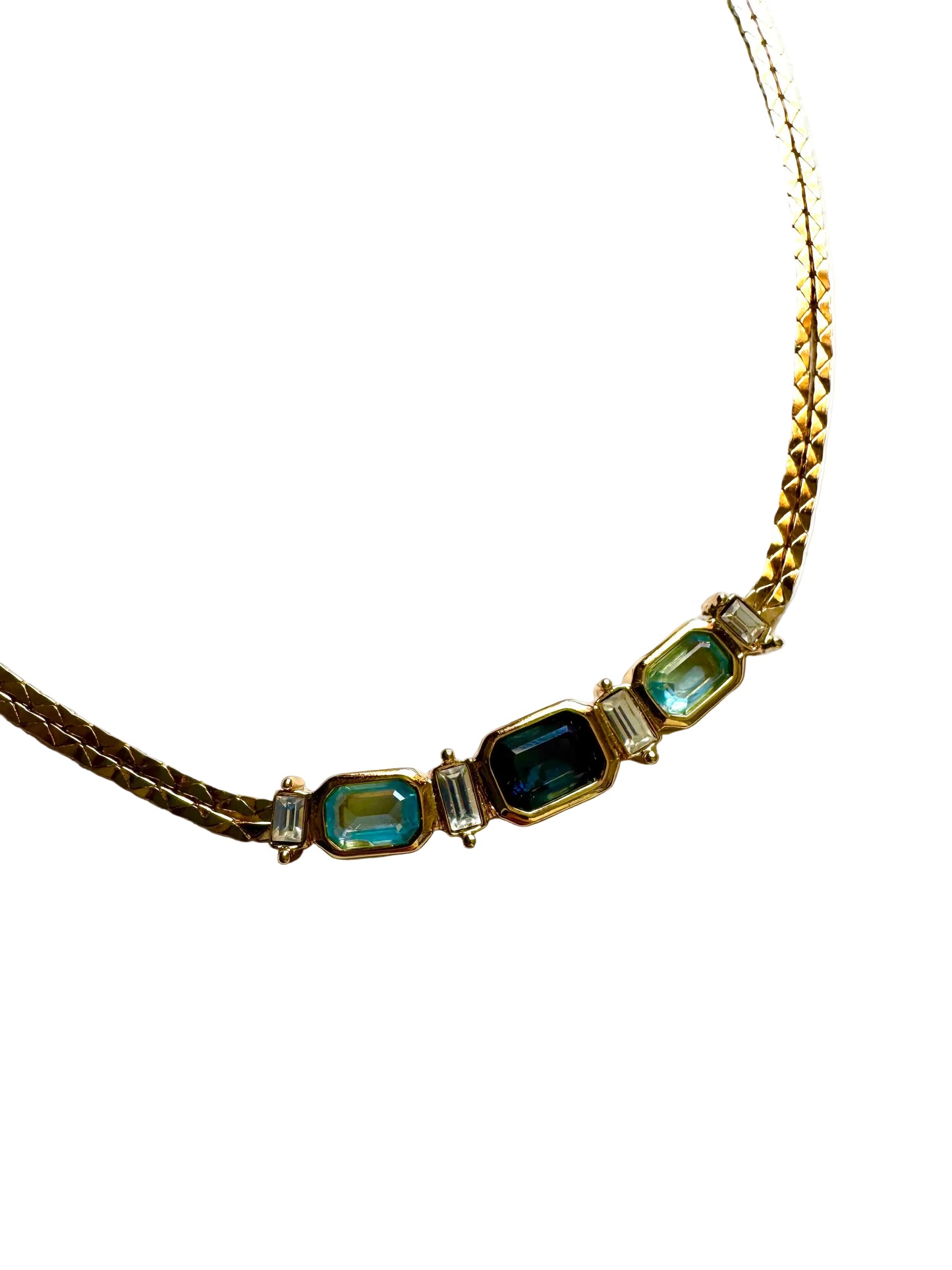 Vintage Christian Dior Blue Crystal Double Chain Herringbone Necklace