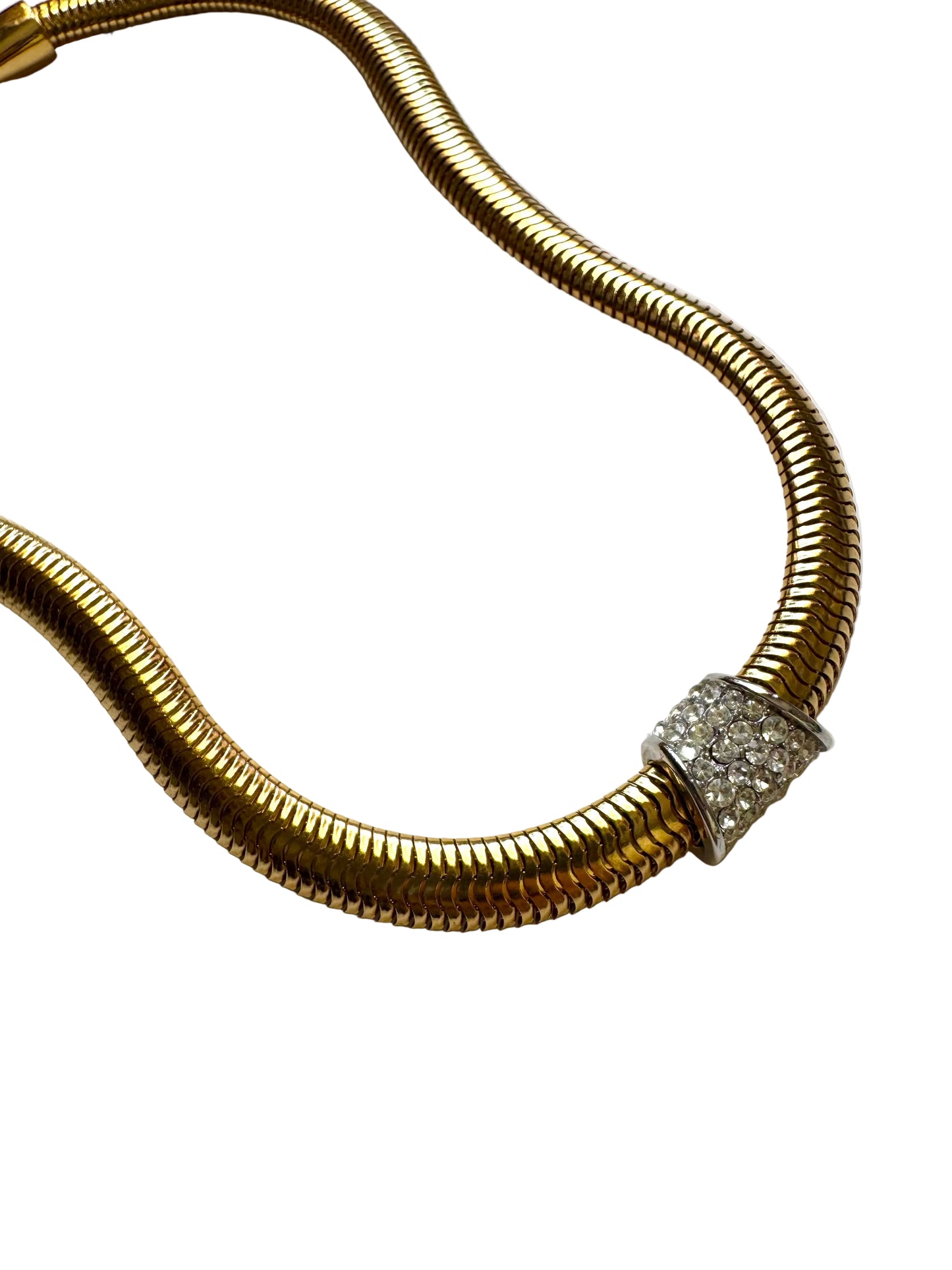 Vintage Crown Trifari Gold Tone Snake Chain Necklace with Rhinestone Centerpiece