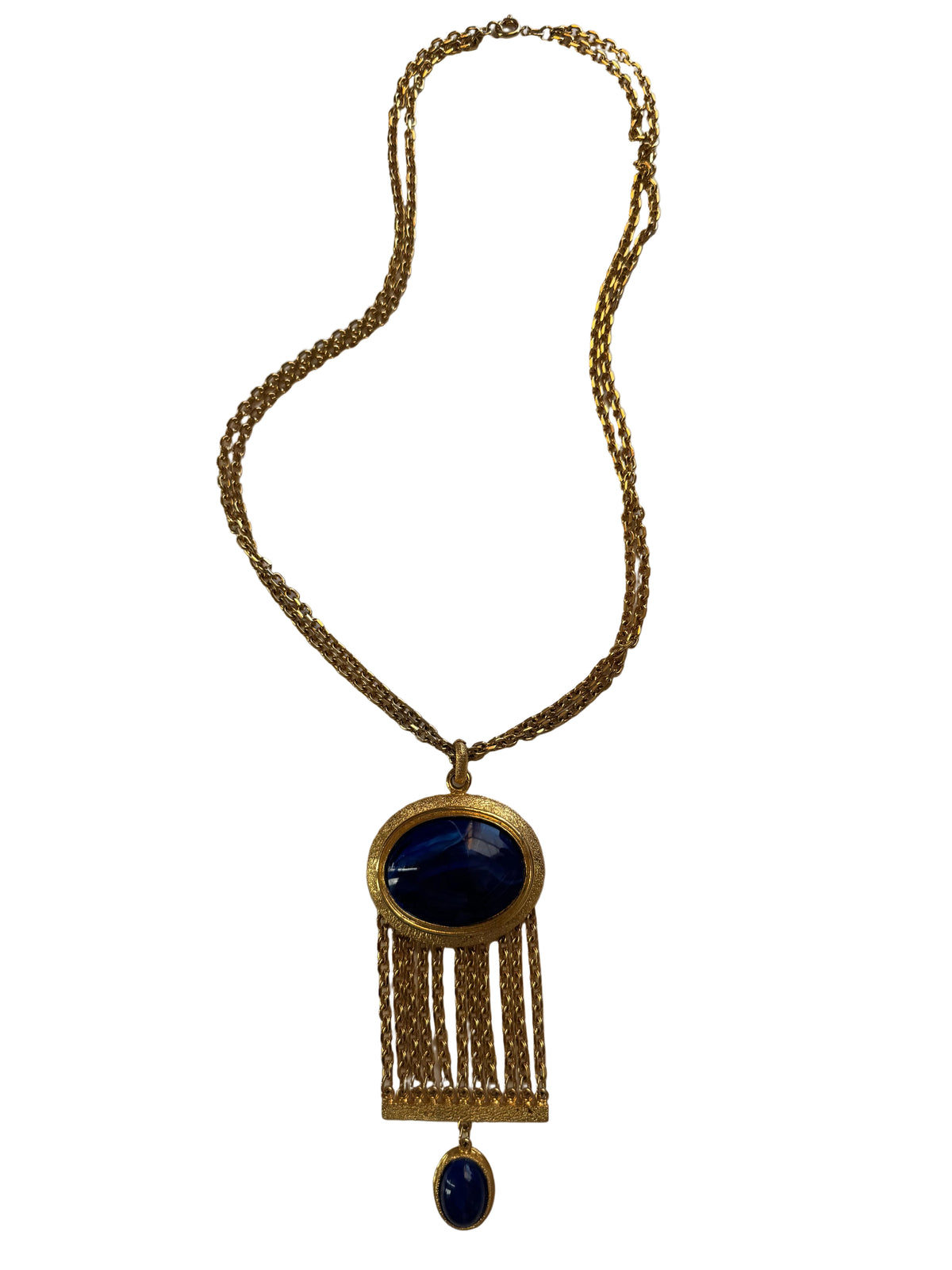 Vintage Cobalt Blue Lucite Style Cabochon Gold Tone Fringe Pendant Necklace