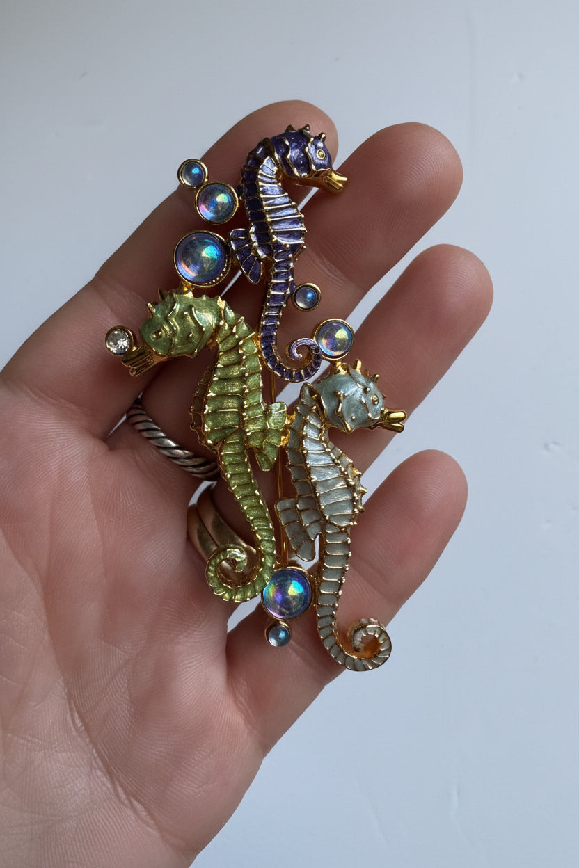 Vintage Rare Signed Bob Mackie Triple Seahorse Enamel Brooch with Iridescent Bubble Cabochons