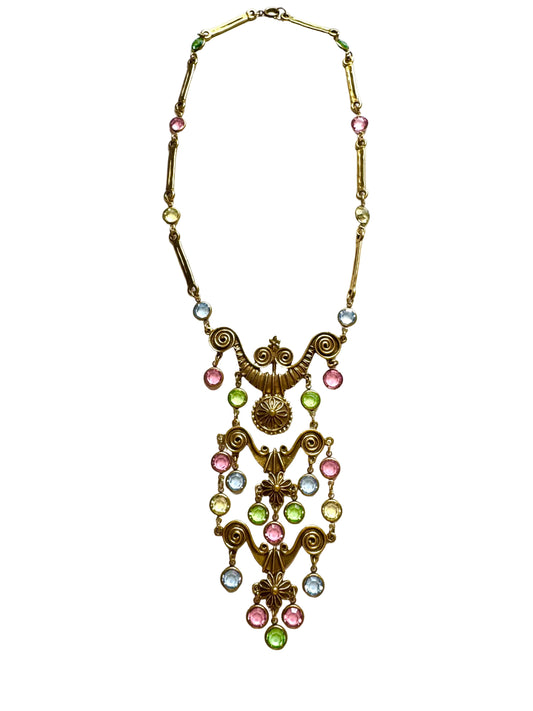 Vintage Victorian Revival Pastel Crystal Bib Necklace in Gold Tone