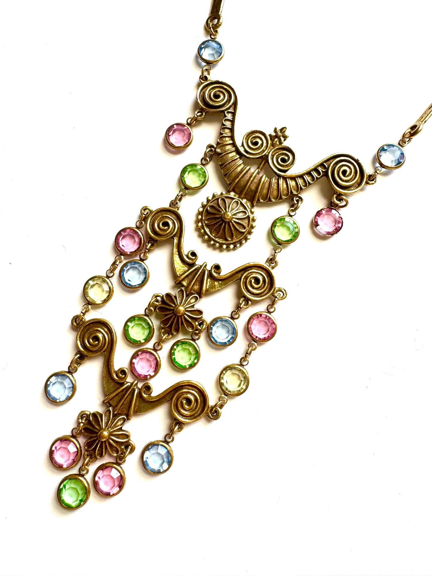 Vintage Victorian Revival Pastel Crystal Bib Necklace in Gold Tone