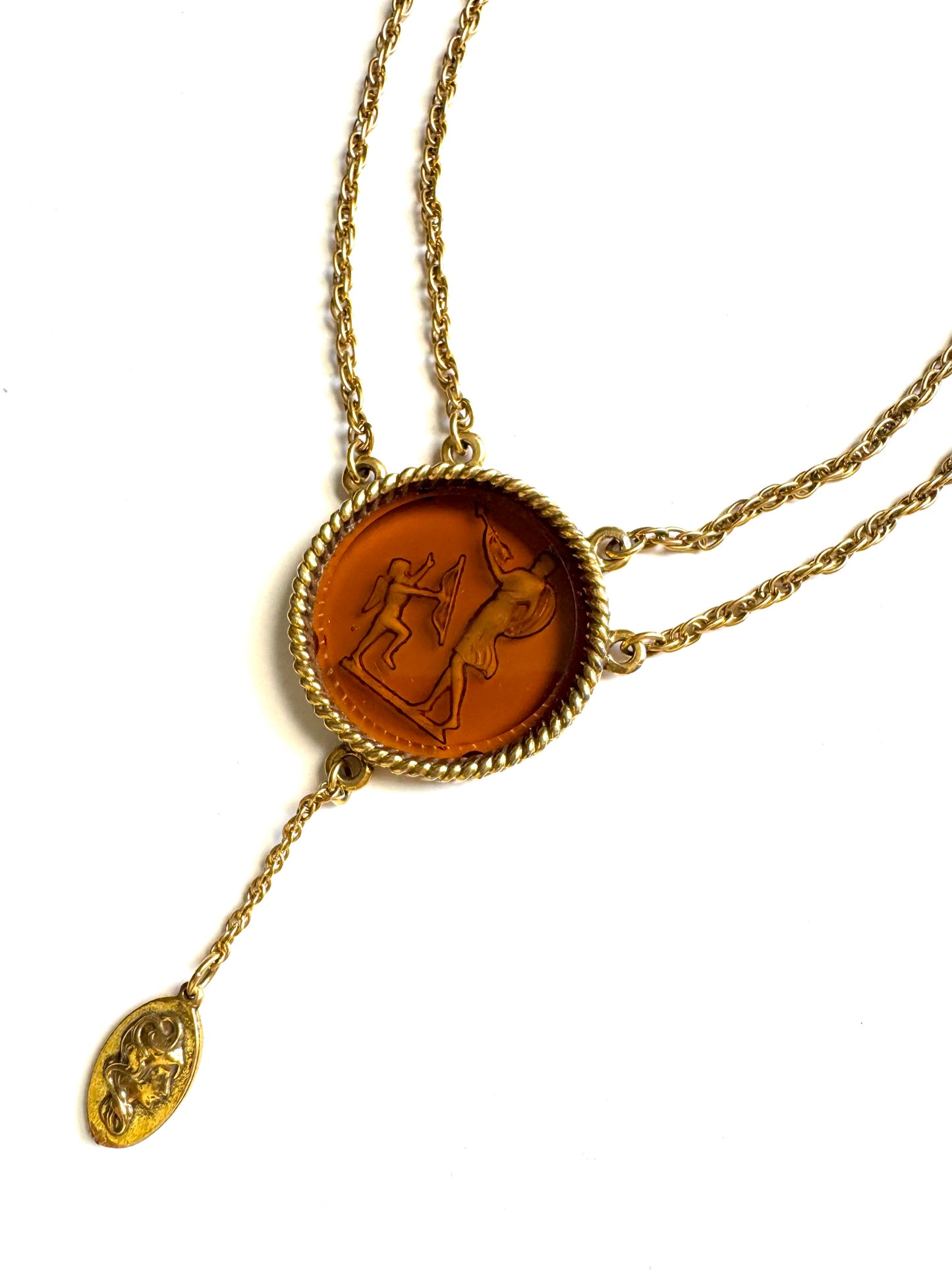 Vintage Amber Color Intaglio Neoclassic Medallion Double Chain Necklace