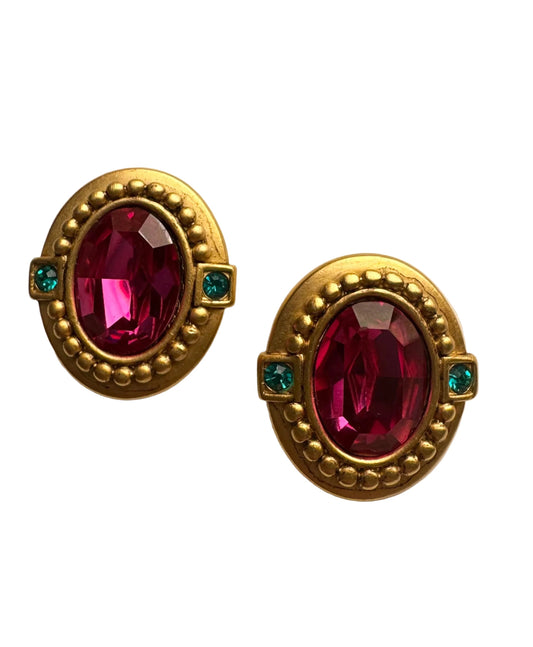 Vintage Oscar de la Renta Fuchsia Crystal Gold Tone Statement Clip-On Earrings
