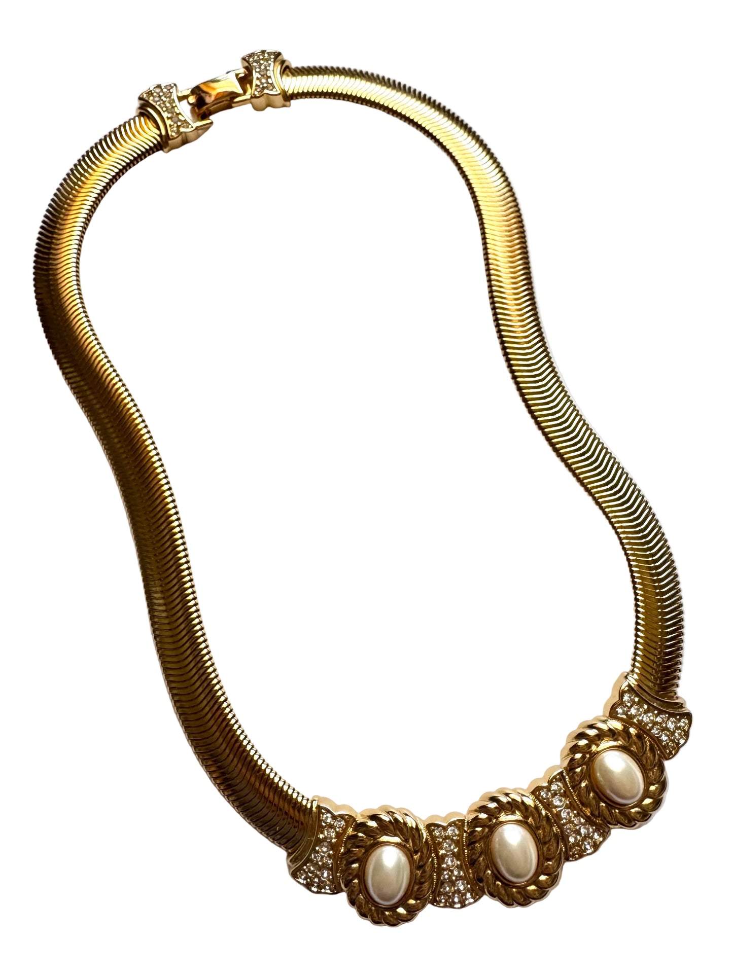 Vintage Christian Dior Signed Gold Tone Snake Chain Faux Pearl Statement Necklace