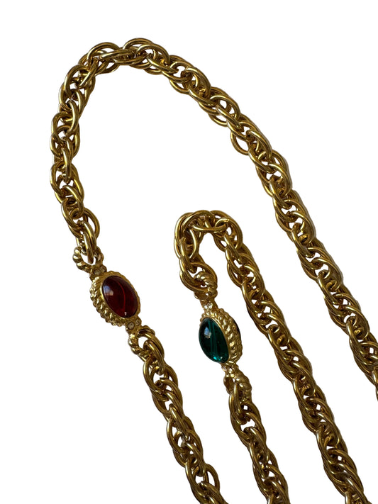Vintage Mogul Glass Cabochon Gold Tone Statement Chain Necklace