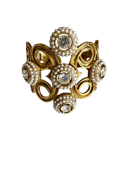 Vintage Faux Pearl & Crystal Statement Hinged Cuff Bracelet
