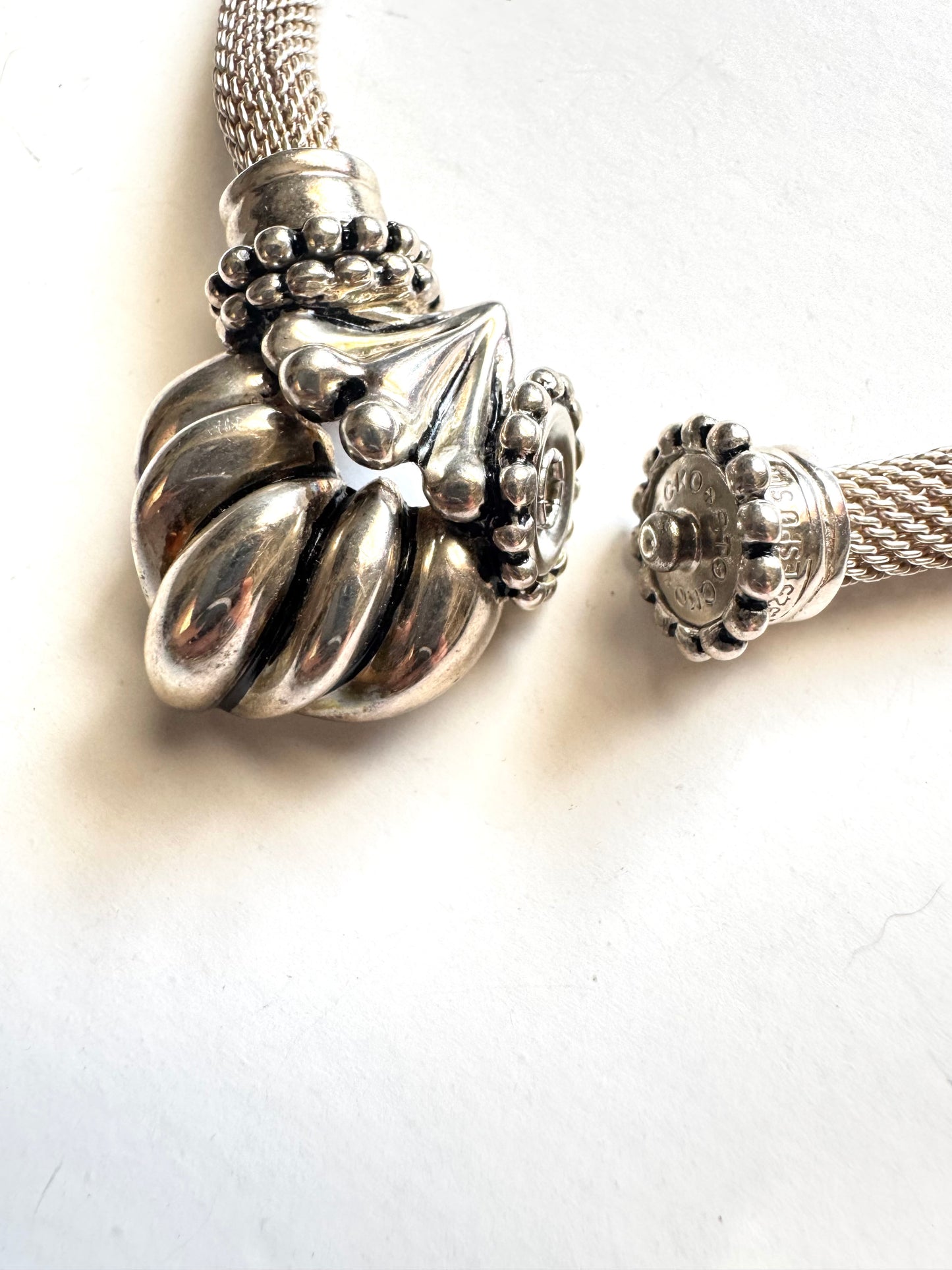 Vintage ESPO Sig 925 Sterling Silver Mesh Omega Choker Necklace with Sculptural Locket Pendant