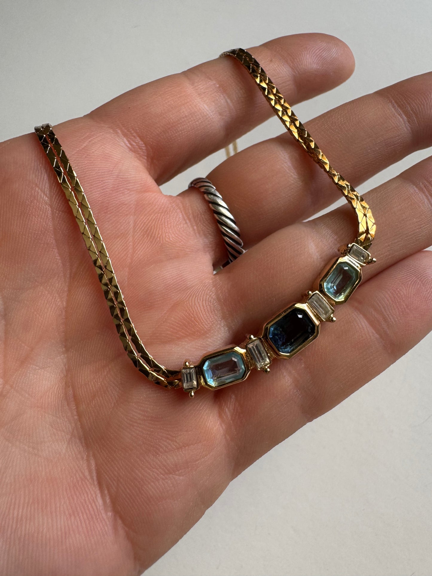 Vintage Christian Dior Blue Crystal Double Chain Herringbone Necklace