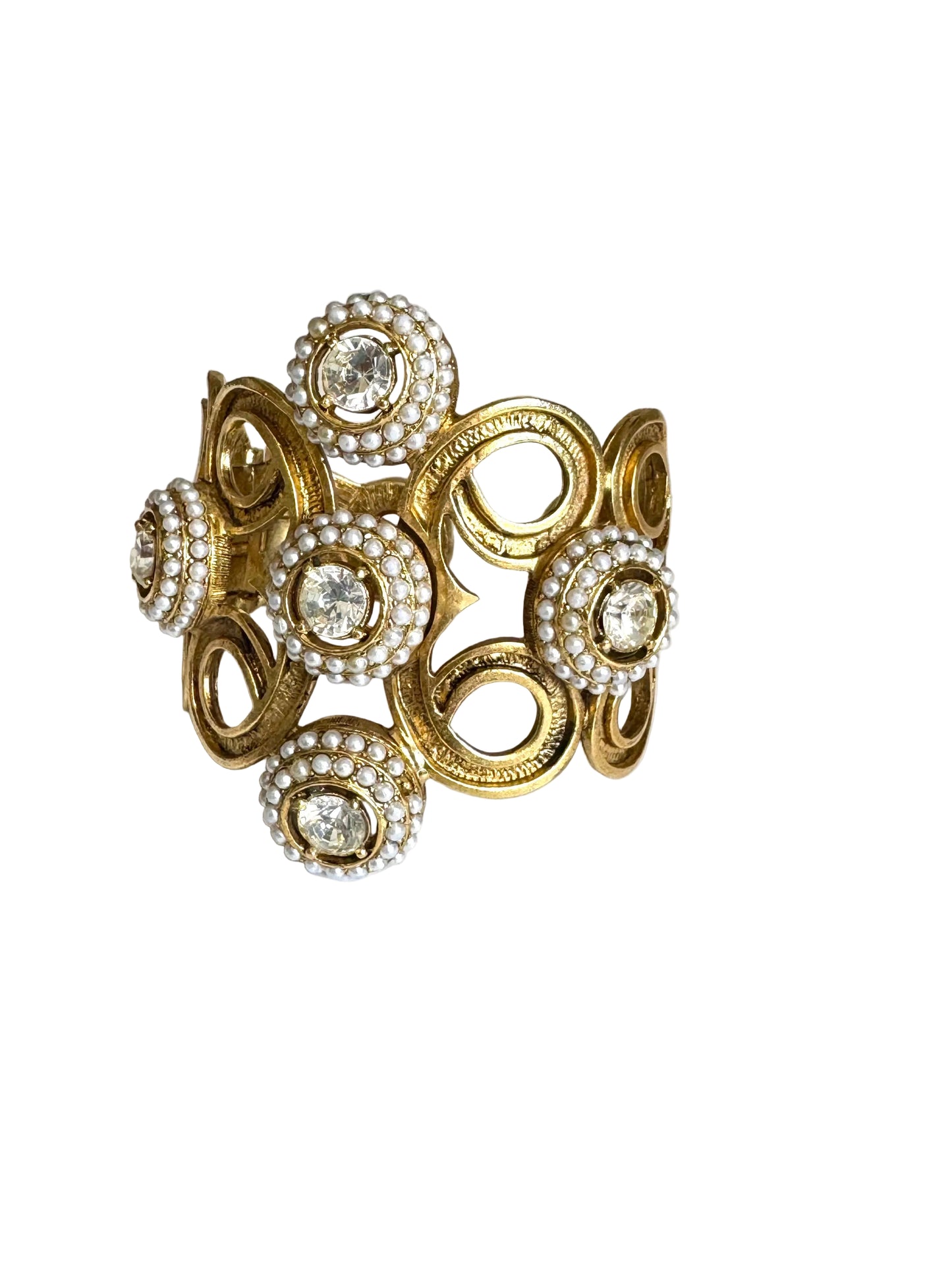 Vintage Faux Pearl & Crystal Statement Hinged Cuff Bracelet
