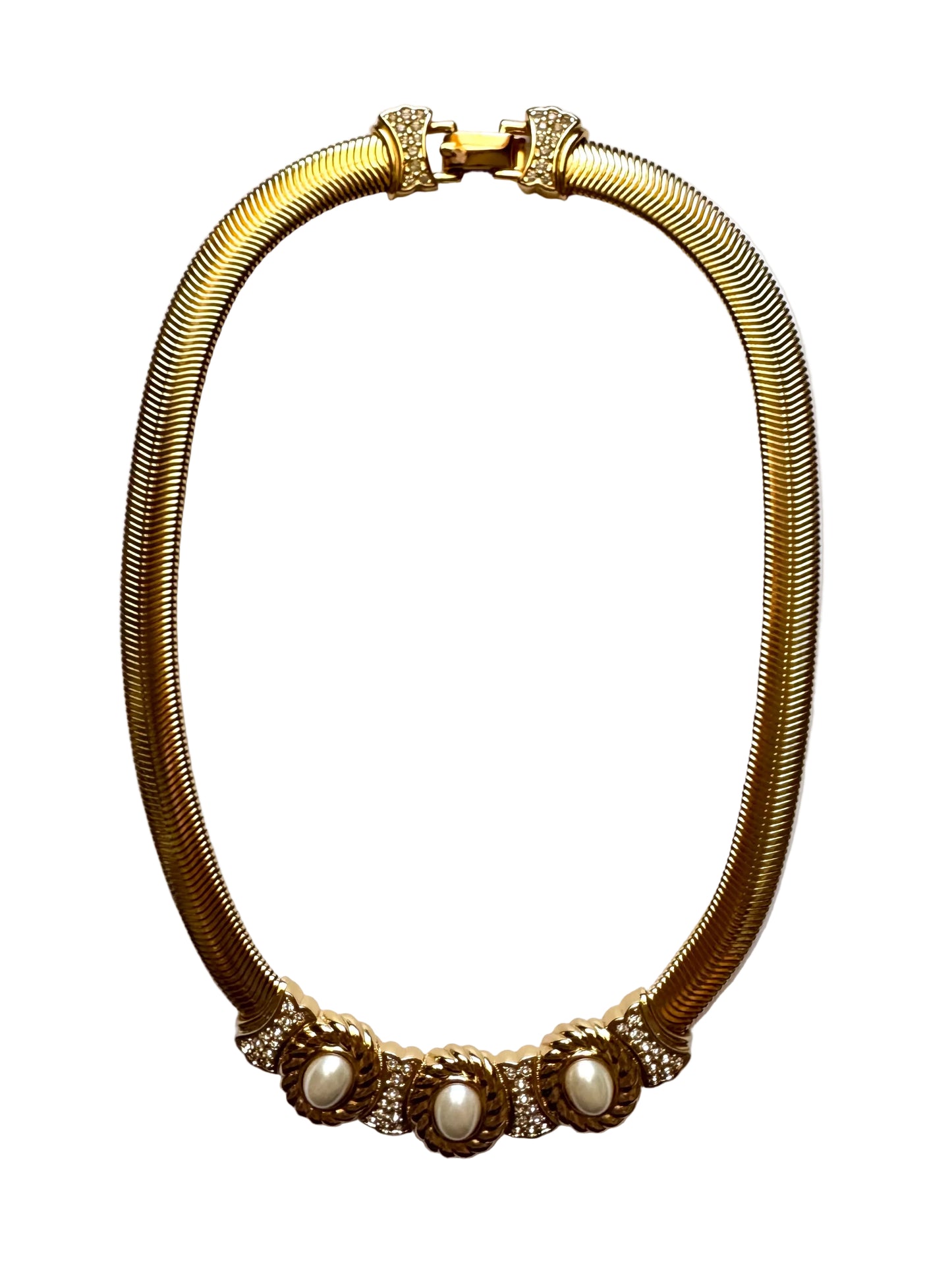 Vintage Christian Dior Signed Gold Tone Snake Chain Faux Pearl Statement Necklace