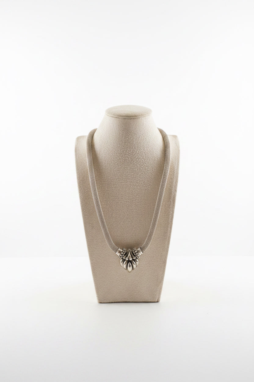 Vintage ESPO Sig 925 Sterling Silver Mesh Omega Choker Necklace with Sculptural Locket Pendant