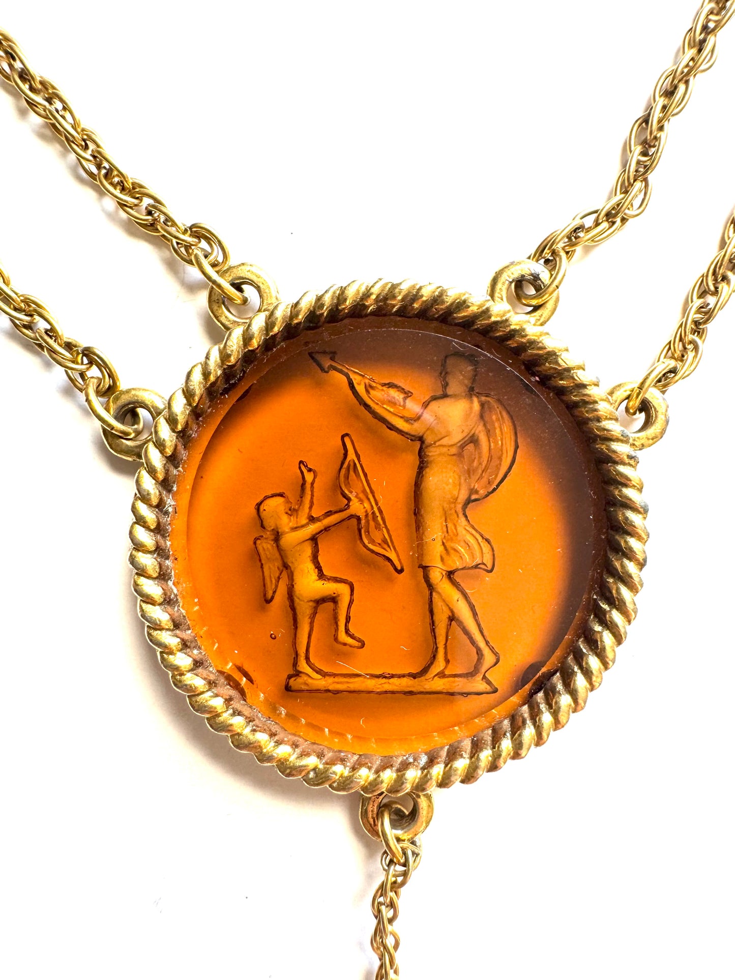 Vintage Amber Color Intaglio Neoclassic Medallion Double Chain Necklace
