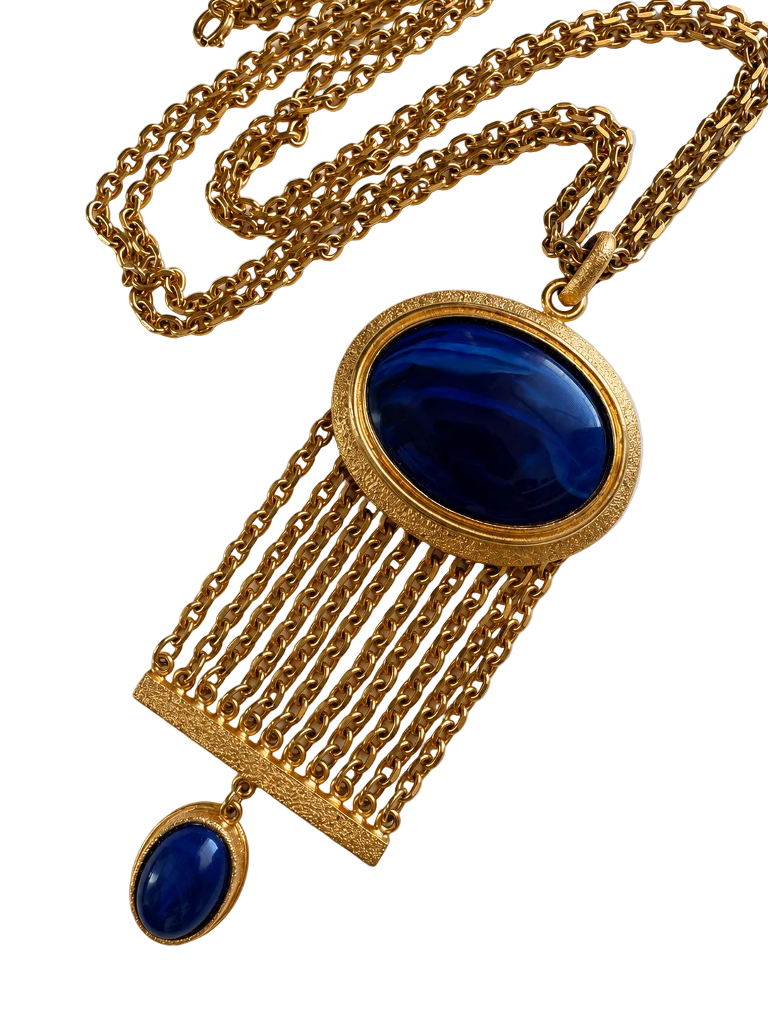 Vintage Cobalt Blue Lucite Style Cabochon Gold Tone Fringe Pendant Necklace