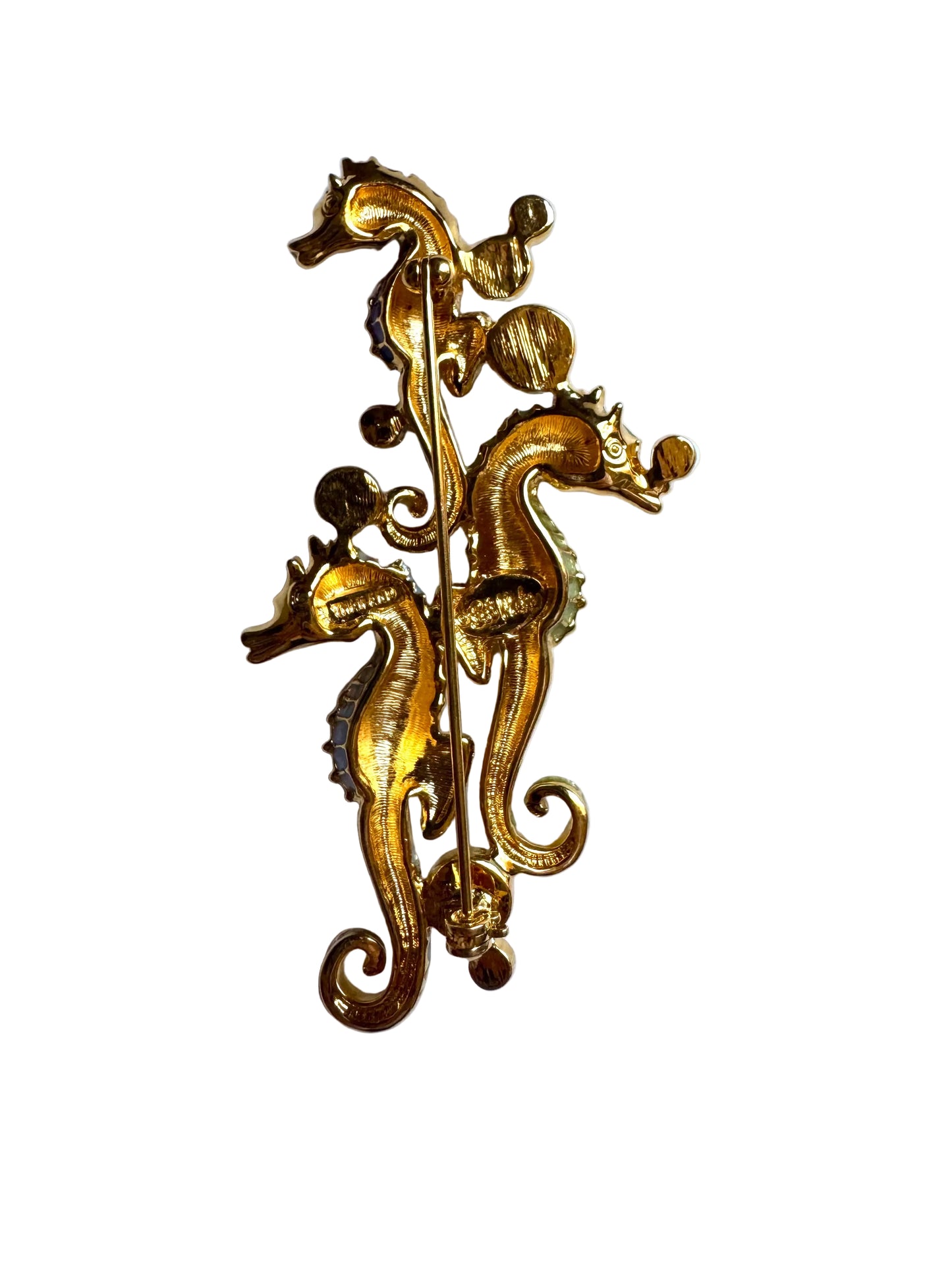 Vintage Rare Signed Bob Mackie Triple Seahorse Enamel Brooch with Iridescent Bubble Cabochons