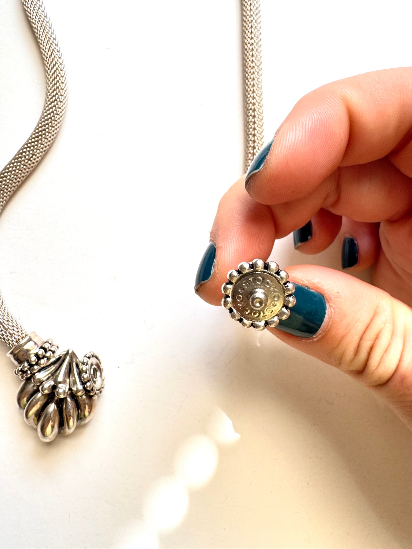 Vintage ESPO Sig 925 Sterling Silver Mesh Omega Choker Necklace with Sculptural Locket Pendant