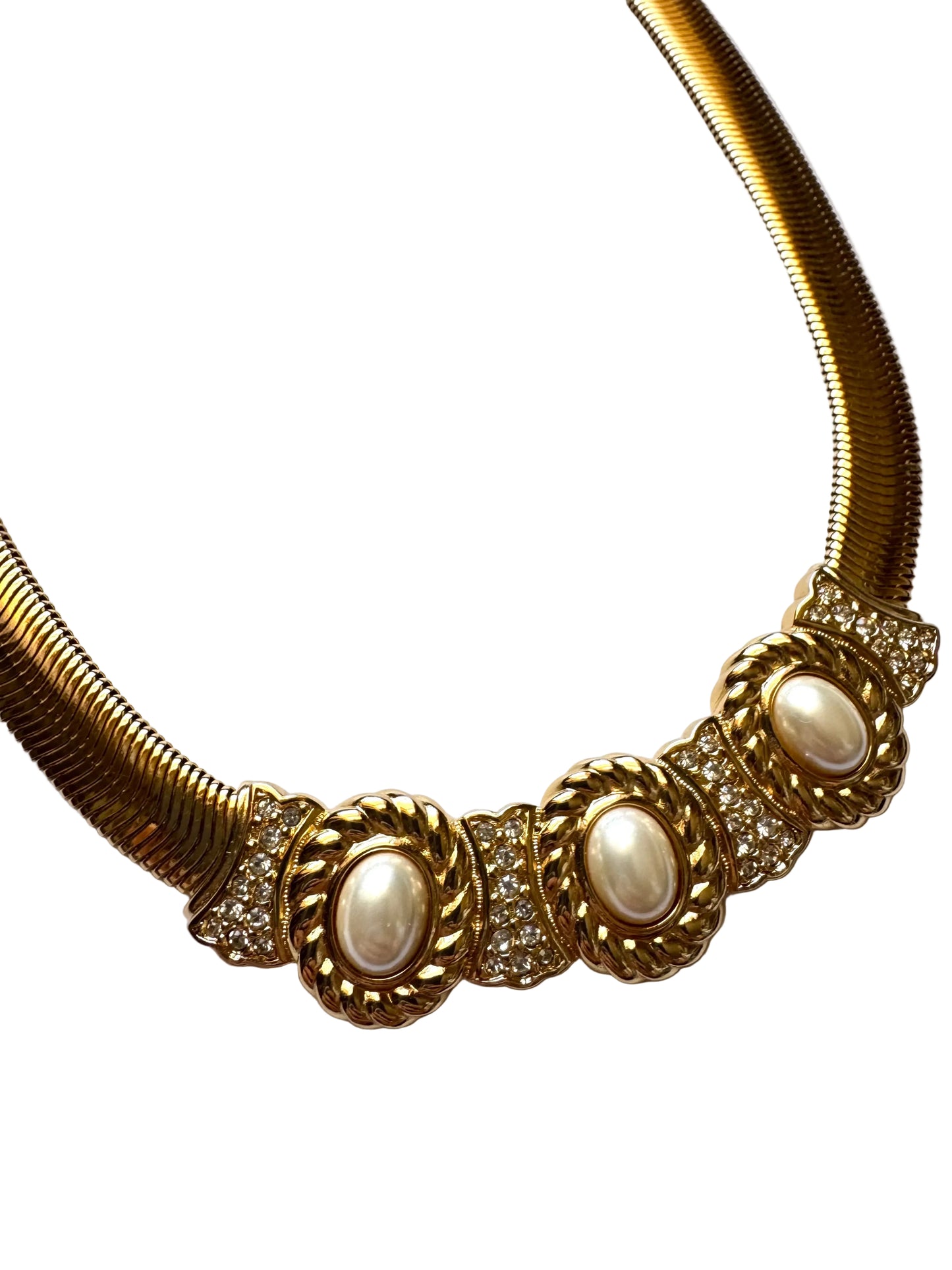 Vintage Christian Dior Signed Gold Tone Snake Chain Faux Pearl Statement Necklace