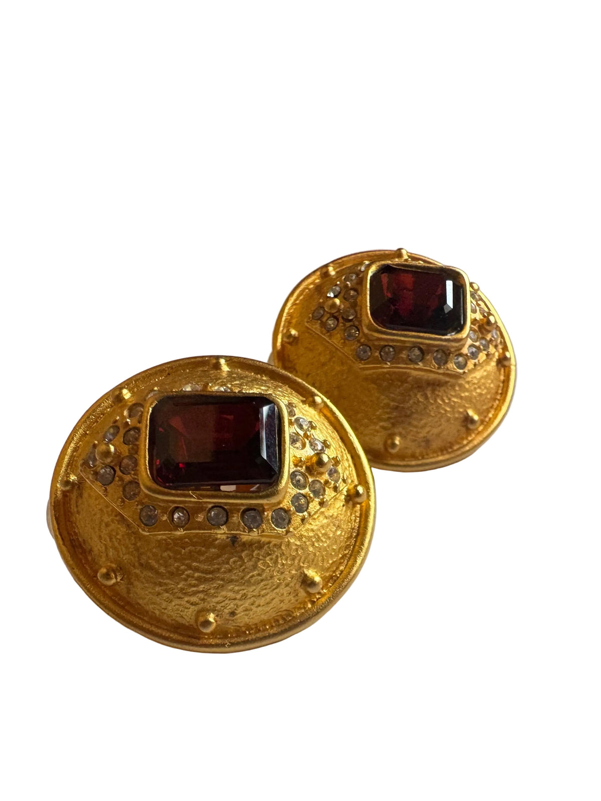 Vintage Leslie Block Ruby Red Crystal Gold Tone Clip-On Earrings
