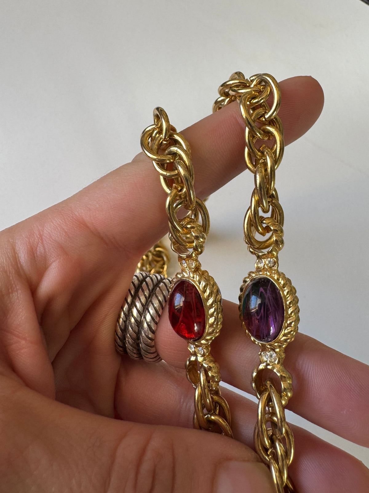 Vintage Mogul Glass Cabochon Gold Tone Statement Chain Necklace