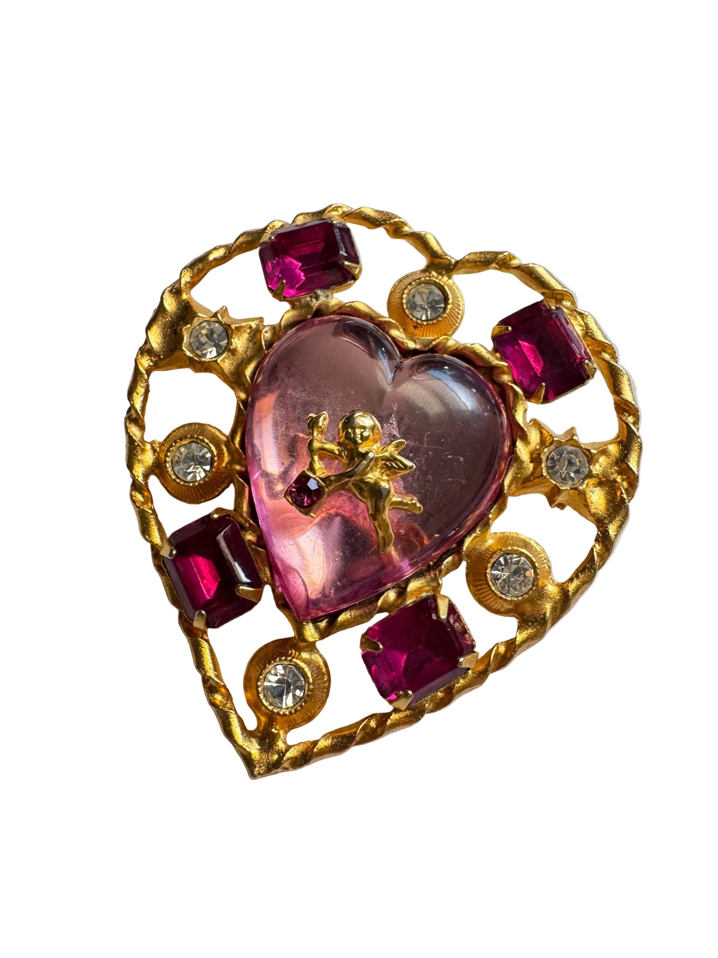 Vintage Unsigned Robert Rose Style Cupid Heart Brooch with Pink Lucite Heart