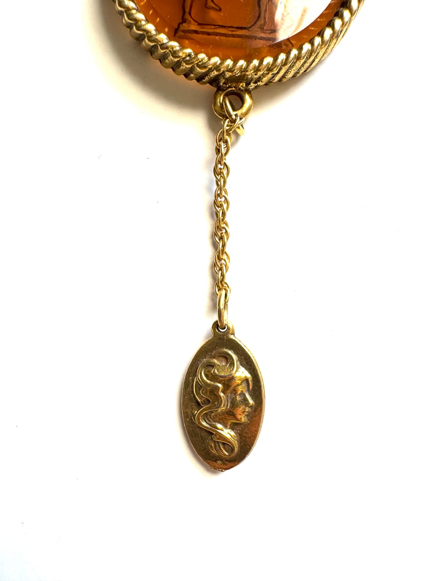 Vintage Amber Color Intaglio Neoclassic Medallion Double Chain Necklace